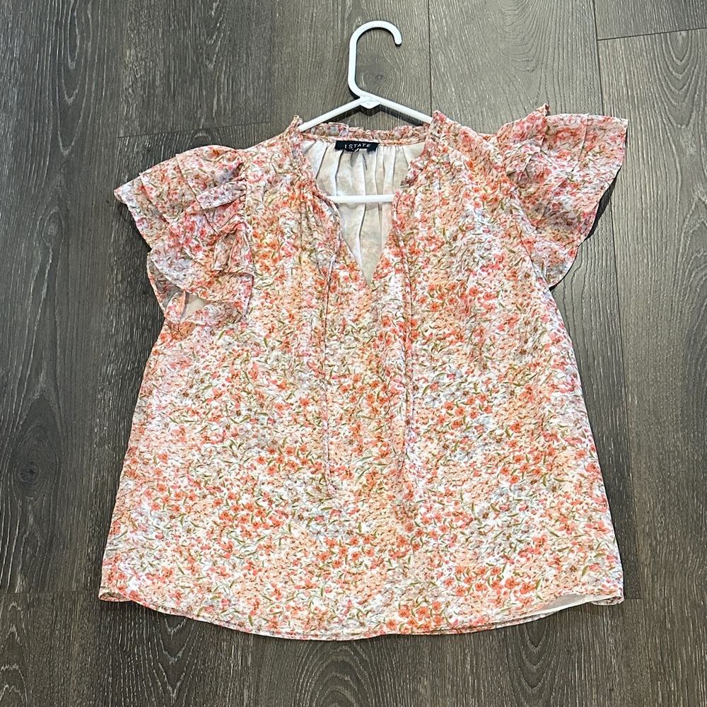 1. State Floral Ruffle Sleeve Blouse - Coral and White